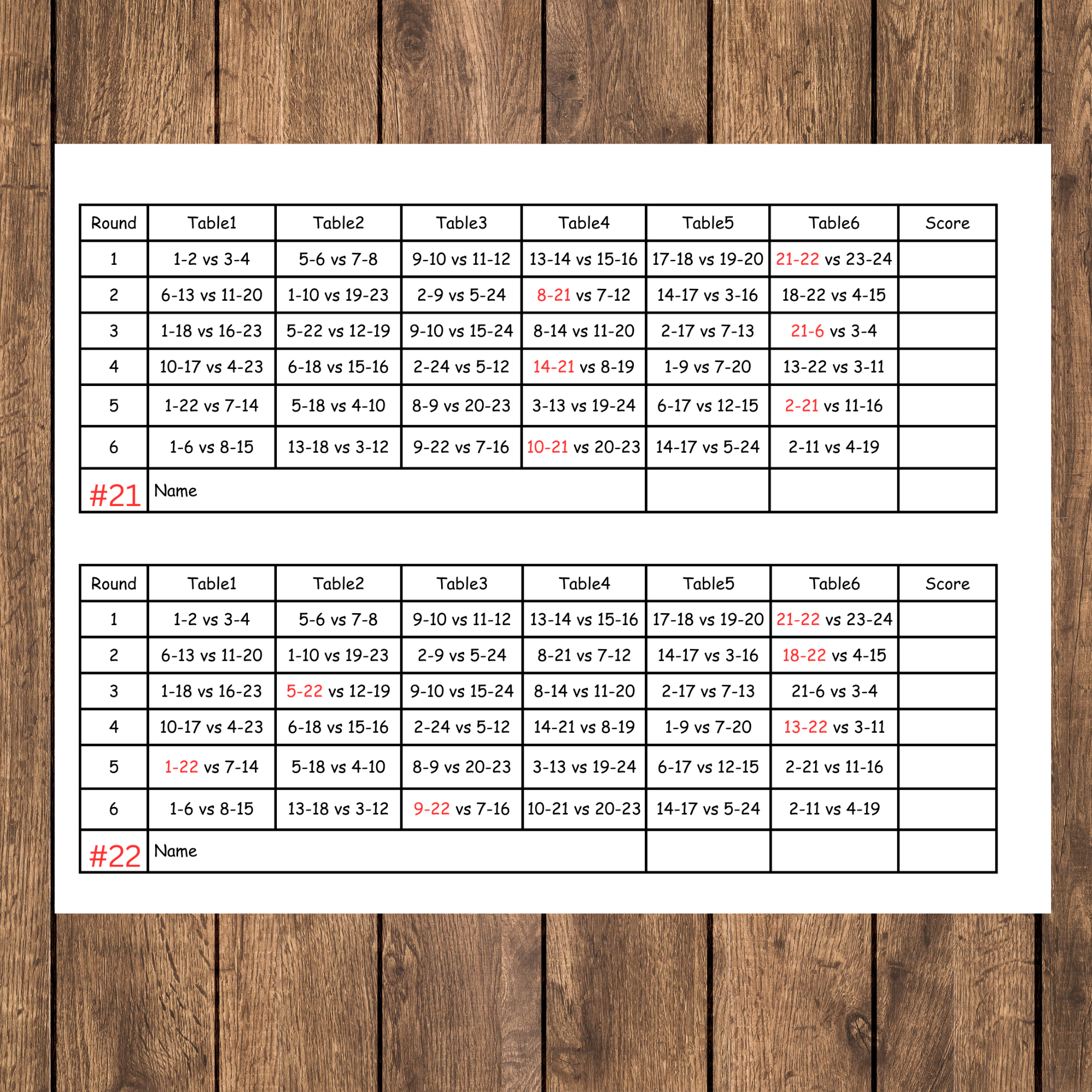 24 person euchre tournament rotation 6 table score cards
